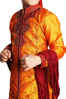 Orange embroidered art dupion silk boys-sherwani