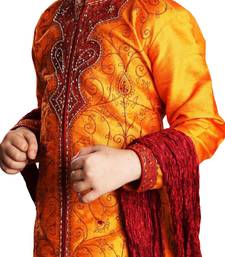 Orange embroidered art dupion silk boys-sherwani