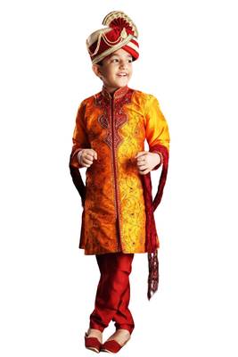 Orange embroidered art dupion silk boys-sherwani 1