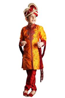Orange embroidered art dupion silk boys-sherwani