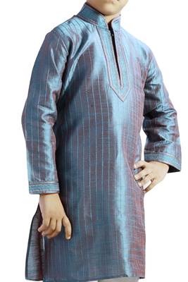 Turquoise embroidered art dupion silk boys-kurta-pyjama 2