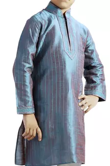 Turquoise embroidered art dupion silk boys-kurta-pyjama