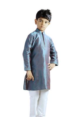 Turquoise embroidered art dupion silk boys-kurta-pyjama 1