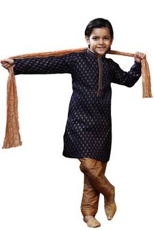 Blue printed art dupion silk boys-kurta-pyjama