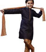 Blue printed art dupion silk boys-kurta-pyjama