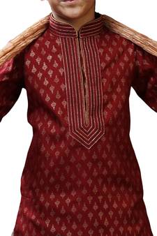 Maroon printed art dupion silk boys-kurta-pyjama