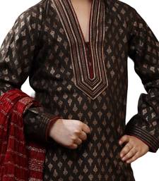 Brown printed art dupion silk boys-kurta-pyjama