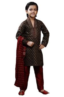 Brown printed art dupion silk boys-kurta-pyjama