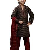 Brown printed art dupion silk boys-kurta-pyjama