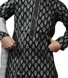 Black printed art dupion silk boys-kurta-pyjama