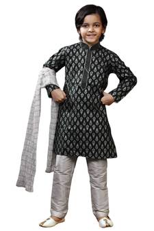 Black printed art dupion silk boys-kurta-pyjama
