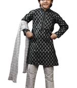 Black printed art dupion silk boys-kurta-pyjama