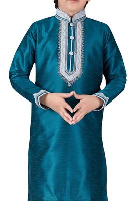 Turquoise embroidered art dupion silk boys-kurta-pyjama 2