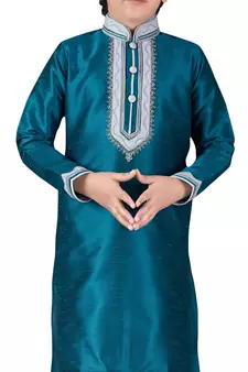 Turquoise embroidered art dupion silk boys-kurta-pyjama