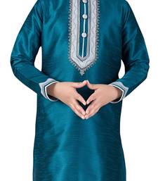 Turquoise embroidered art dupion silk boys-kurta-pyjama