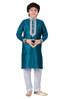 Turquoise embroidered art dupion silk boys-kurta-pyjama
