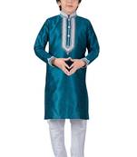 Turquoise embroidered art dupion silk boys-kurta-pyjama