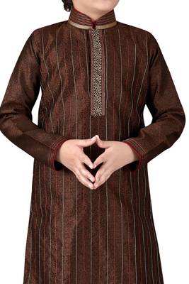 Brown embroidered art dupion silk boys-kurta-pyjama 2