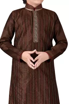 Brown embroidered art dupion silk boys-kurta-pyjama