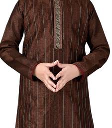 Brown embroidered art dupion silk boys-kurta-pyjama