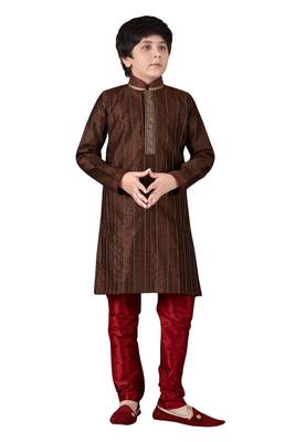 Brown embroidered art dupion silk boys-kurta-pyjama 1