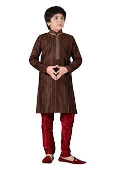 Brown embroidered art dupion silk boys-kurta-pyjama