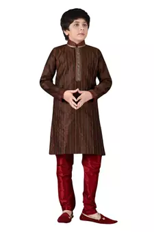 Brown embroidered art dupion silk boys-kurta-pyjama