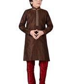 Brown embroidered art dupion silk boys-kurta-pyjama