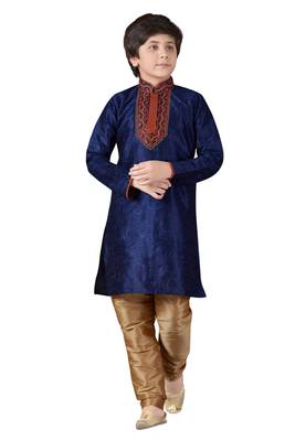 Blue embroidered art dupion silk boys-kurta-pyjama 1