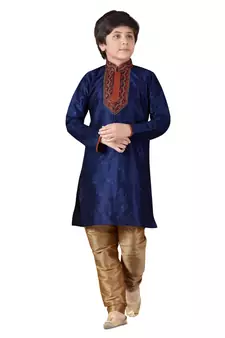 Blue embroidered art dupion silk boys-kurta-pyjama