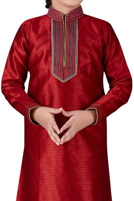 Red embroidered art dupion silk boys-kurta-pyjama 2
