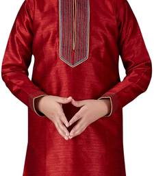 Red embroidered art dupion silk boys-kurta-pyjama
