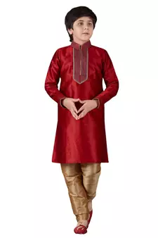 Red embroidered art dupion silk boys-kurta-pyjama