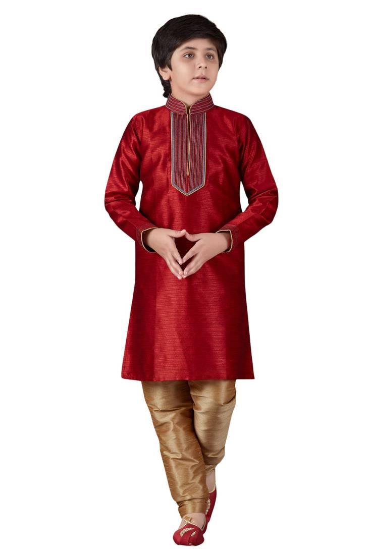 Red embroidered art dupion silk boys-kurta-pyjama