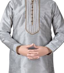 Grey embroidered art dupion silk boys-kurta-pyjama