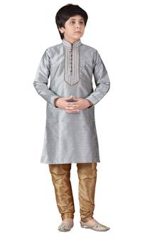 Grey embroidered art dupion silk boys-kurta-pyjama