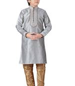 Grey embroidered art dupion silk boys-kurta-pyjama