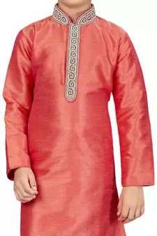 Pink embroidered art dupion silk boys-kurta-pyjama