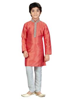 Pink embroidered art dupion silk boys-kurta-pyjama