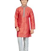Pink embroidered art dupion silk boys-kurta-pyjama