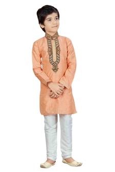 Beige embroidered art dupion silk boys-kurta-pyjama