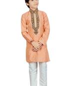 Beige embroidered art dupion silk boys-kurta-pyjama