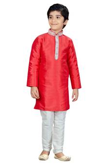 Pink embroidered art dupion silk boys-kurta-pyjama