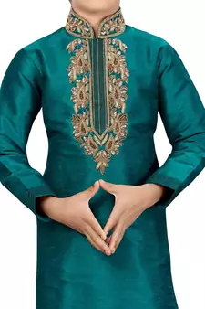 Green embroidered art dupion silk boys-kurta-pyjama