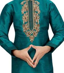 Green embroidered art dupion silk boys-kurta-pyjama