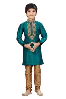 Green embroidered art dupion silk boys-kurta-pyjama 1