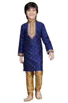 Blue embroidered art dupion silk boys-kurta-pyjama