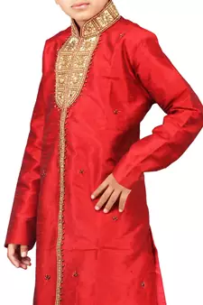 Red embroidered art dupion silk boys-sherwani