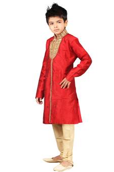 Red embroidered art dupion silk boys-sherwani