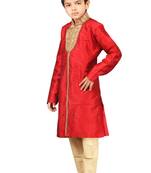 Red embroidered art dupion silk boys-sherwani